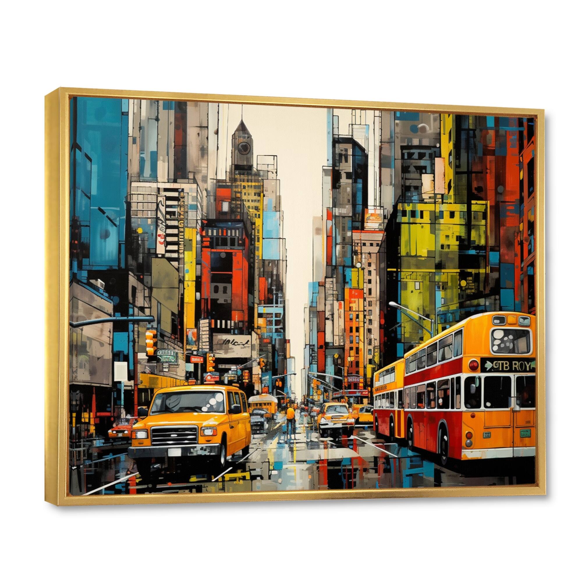 Designart "Pop Art Cityscape Manhattan At Night" Cityscapes Framed